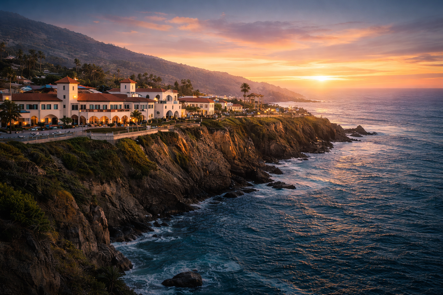 Sierra Coast University campus on the cliffs at sunset