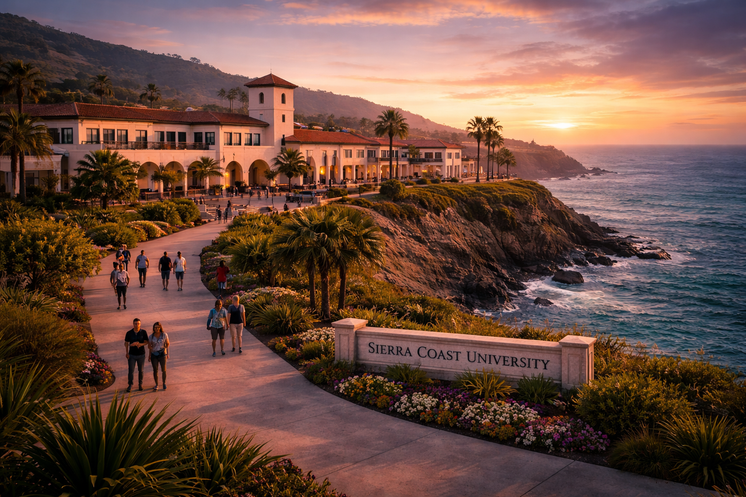Students walking through the Sierra Coast University entrance