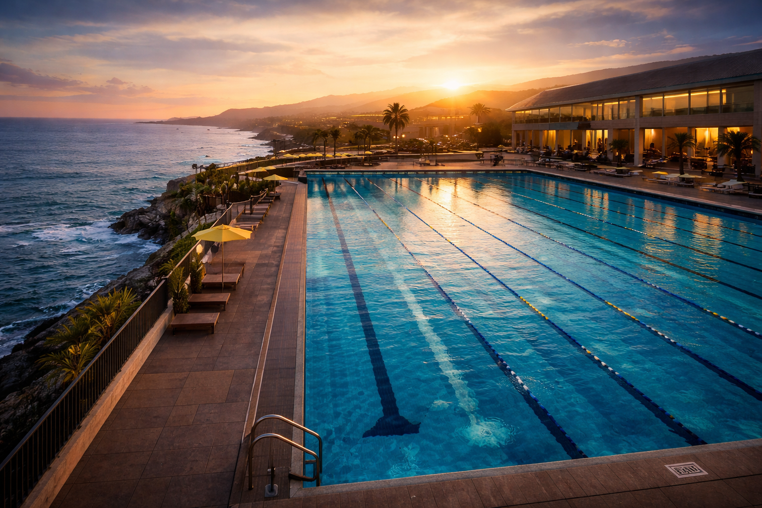 The SCU Aquatic Center pool overlooking the ocean