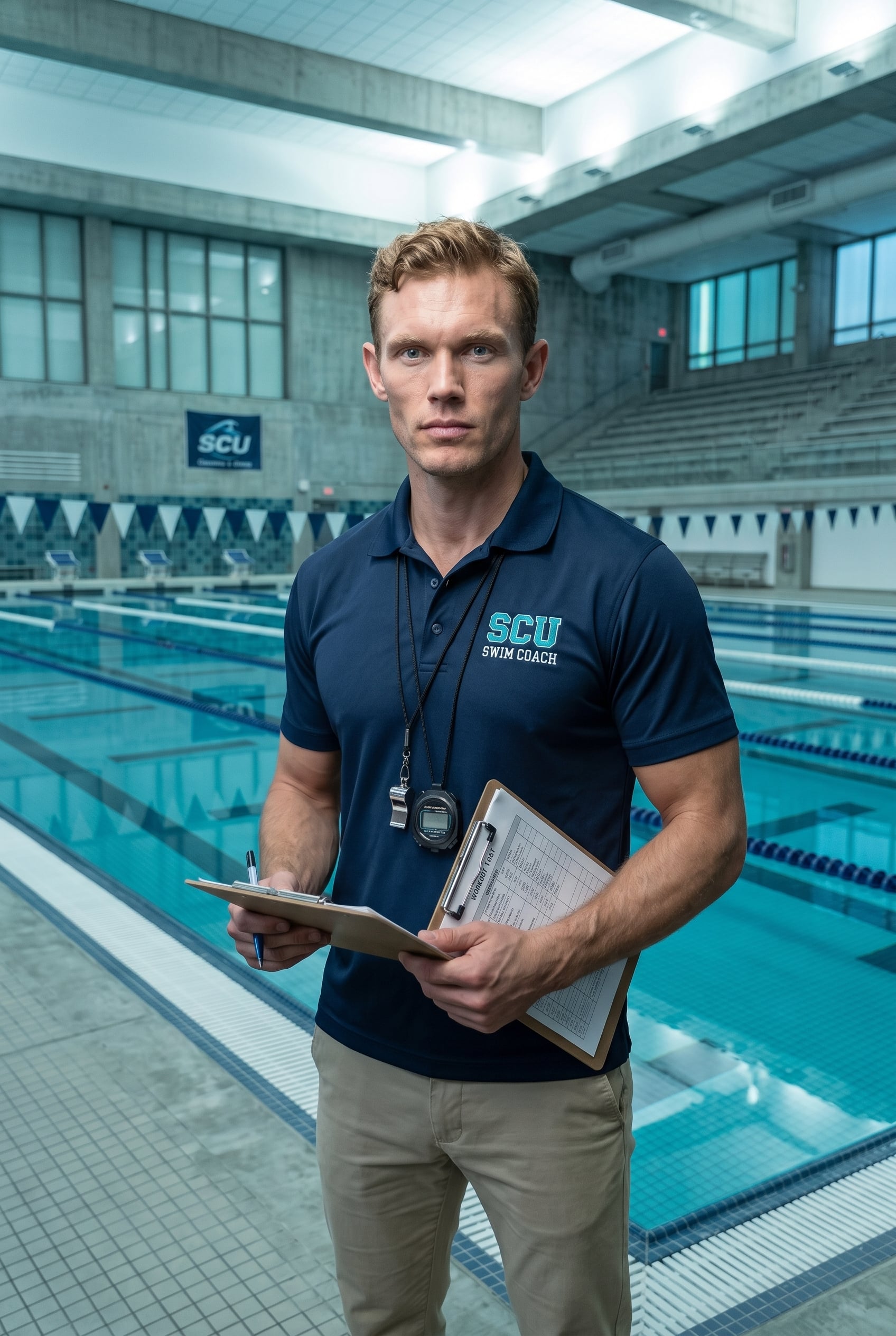 Coach Victor Hale on the Sierra Coast University (SCU) pool deck