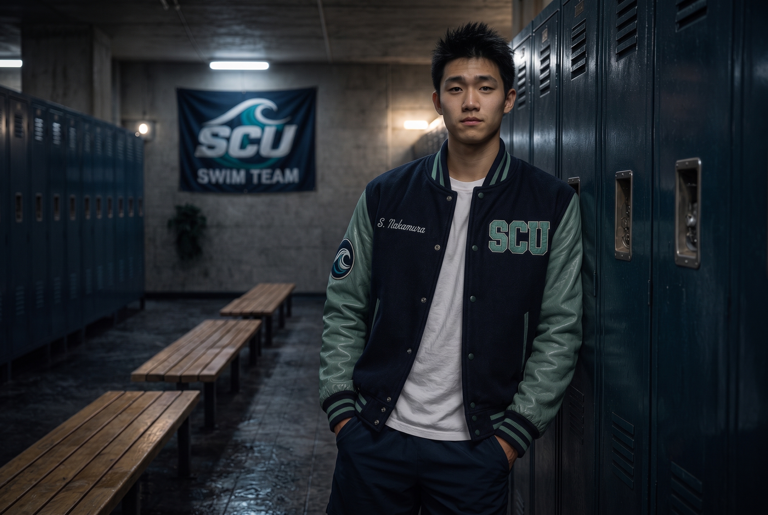 Sam Nakamura in his SCU varsity jacket