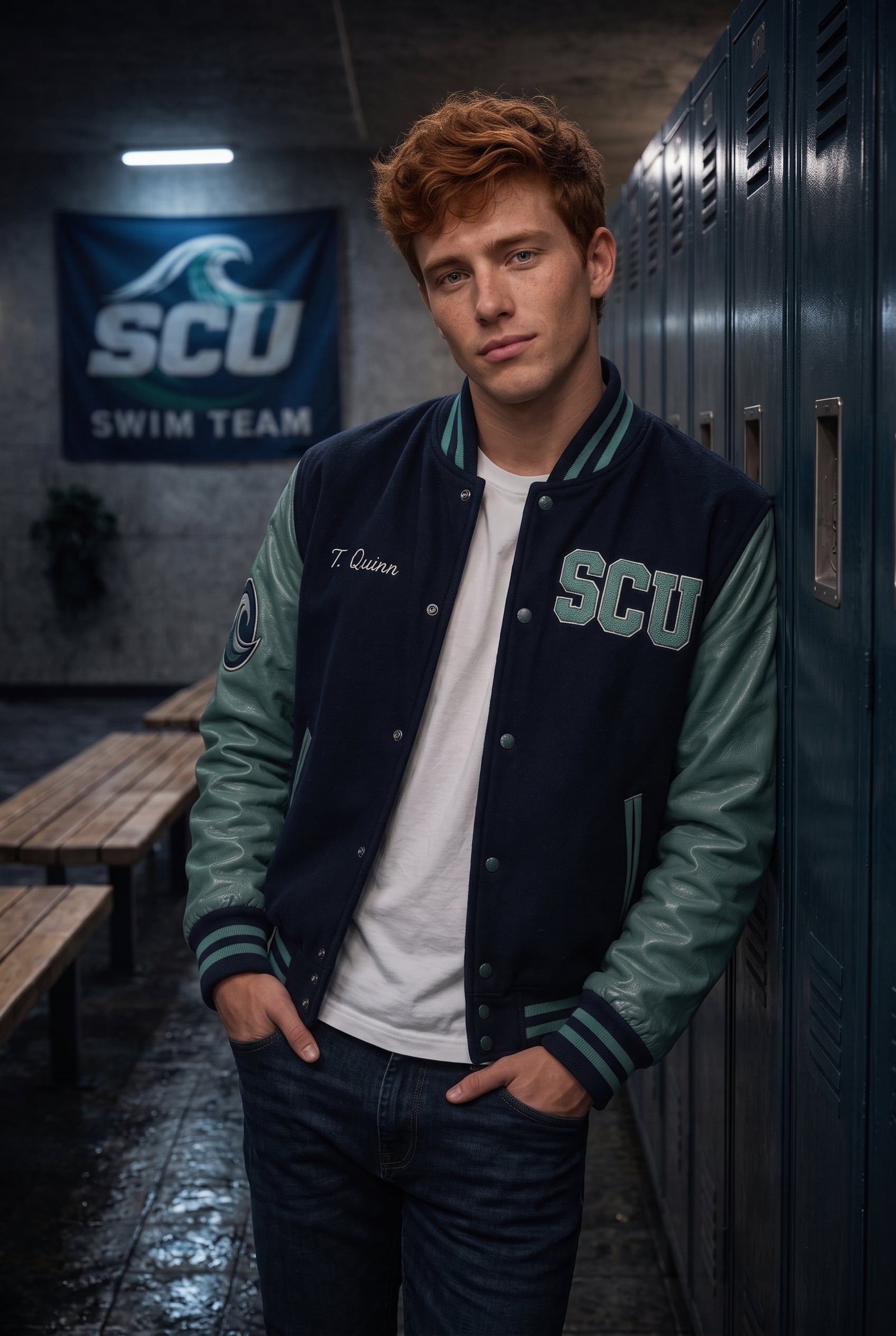 Tyler Quinn in his varsity jacket in the locker room