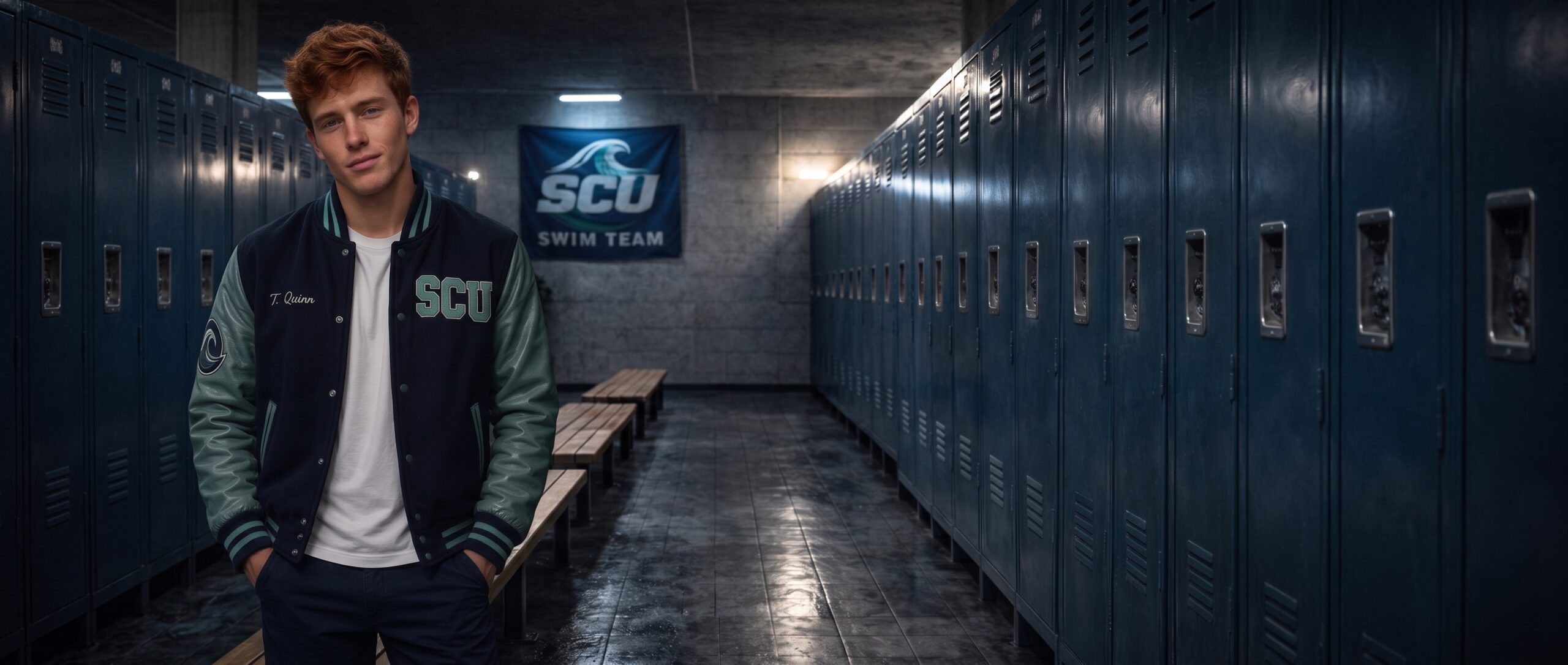 Tyler Quinn in an SCU varsity jacket in the SCU Swim locker room